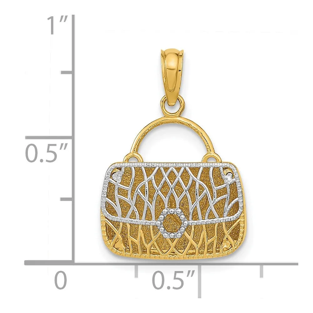 14K w/Rhodium 3D Handbag w/Hearts Pendant