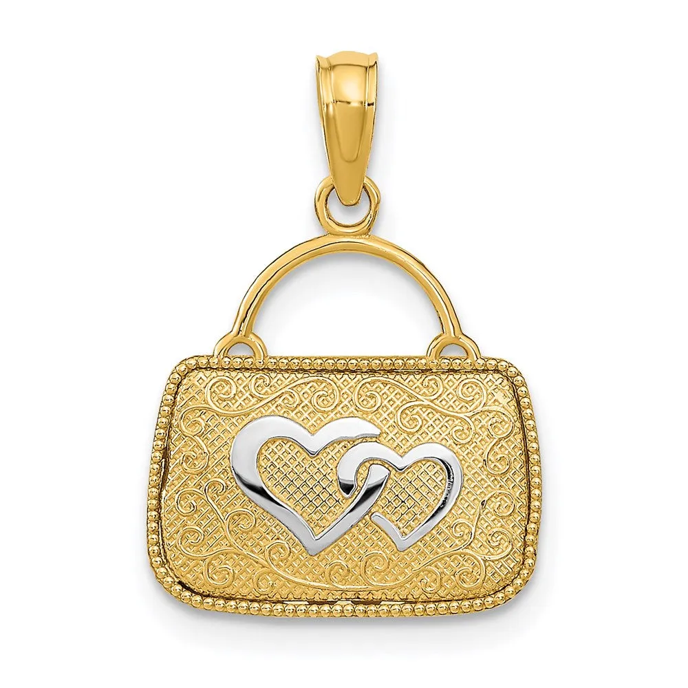 14K w/Rhodium 3D Handbag w/Hearts Pendant
