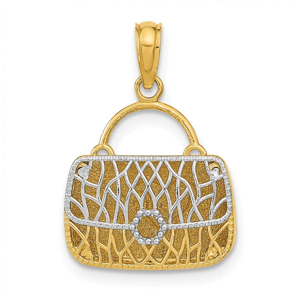 14K w/Rhodium 3D Handbag w/Hearts Pendant