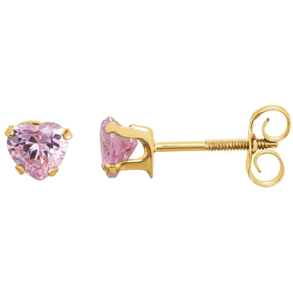 14k Yellow Gold Pink CZ Heart Earrings