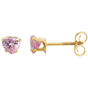 14k Yellow Gold Pink CZ Heart Earrings