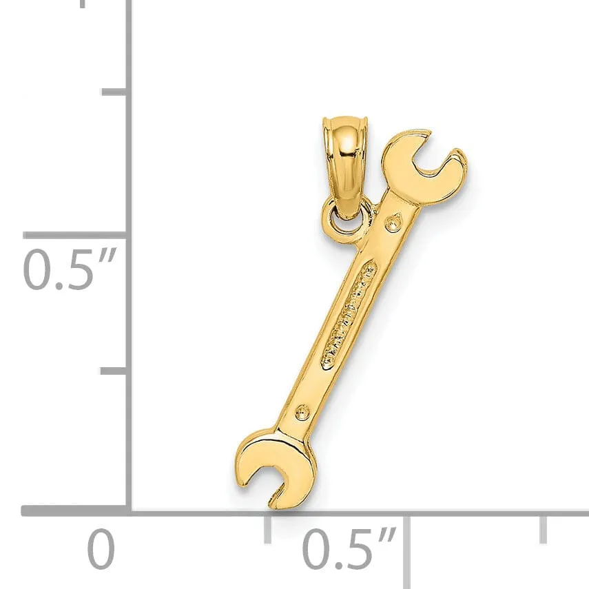 14K Yellow Gold Polished Finish 3-Dimensional Double Open-Ended Wrench Charm Pendant