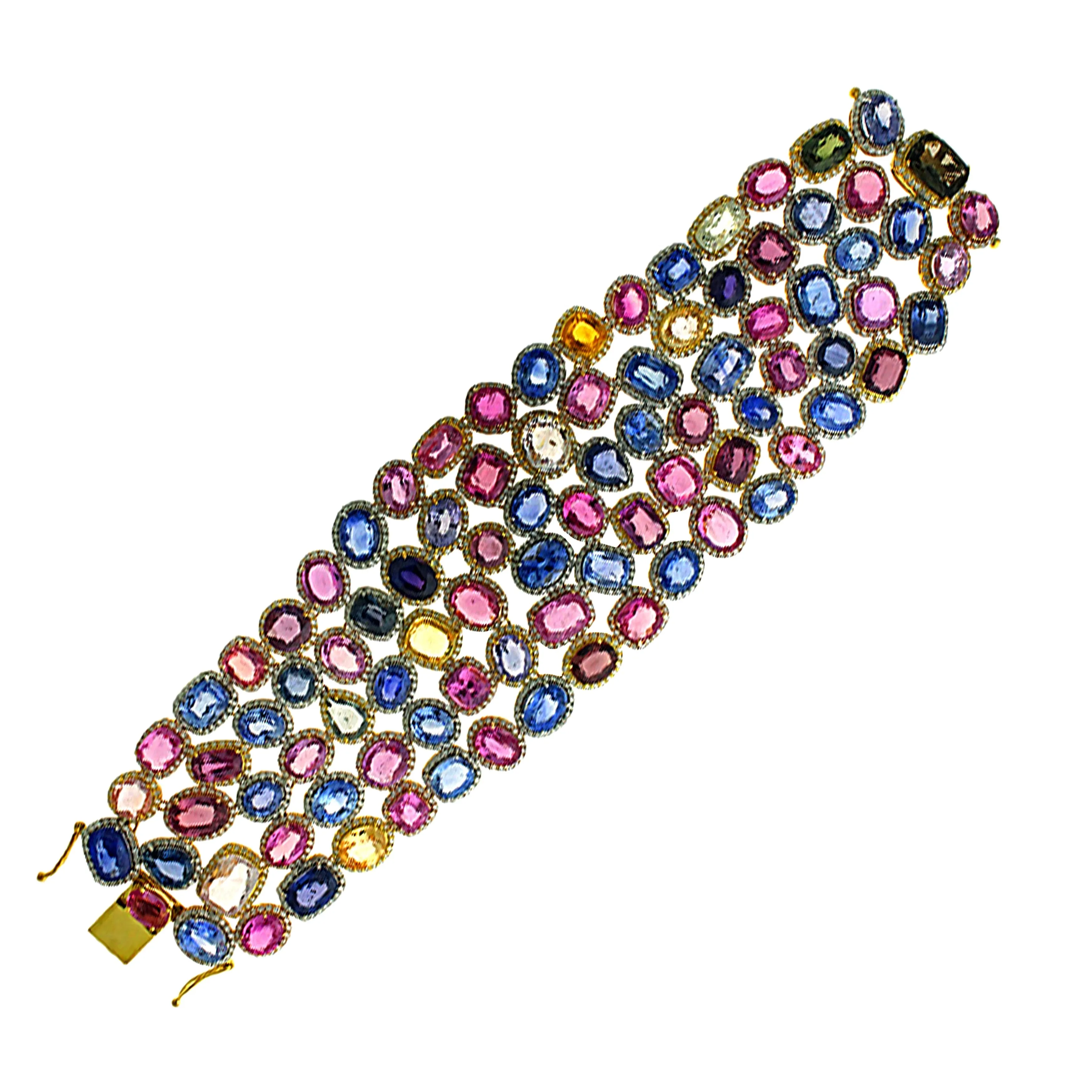 162.78tcw Rainbow Sapphires & Diamonds in 18K Yellow Gold Cluster Gemstone Wide Bracelet 7.5"