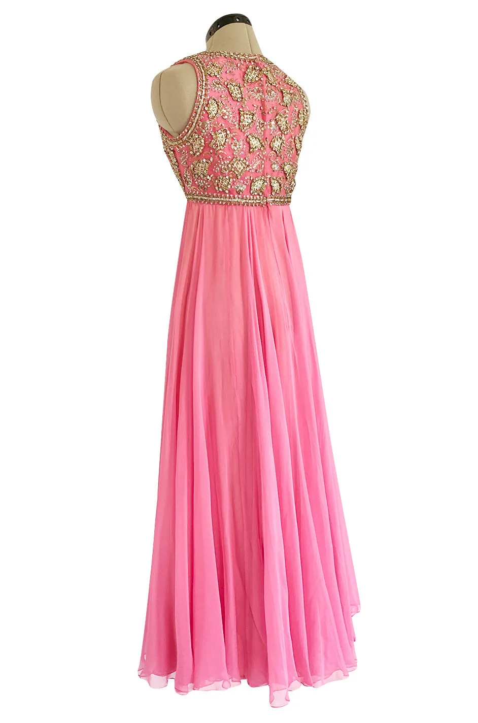 1960s Pat Sandler Pink Silk Chiffon Dress w Rhinestone & Gold Metal Cord Bodice Detailing