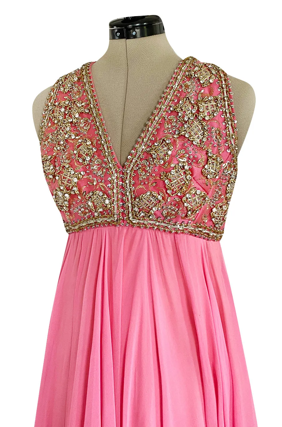 1960s Pat Sandler Pink Silk Chiffon Dress w Rhinestone & Gold Metal Cord Bodice Detailing