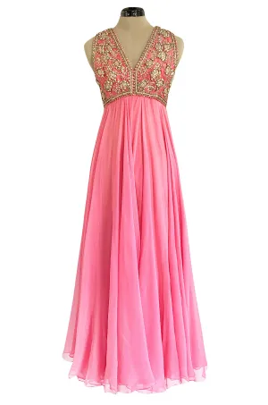 1960s Pat Sandler Pink Silk Chiffon Dress w Rhinestone & Gold Metal Cord Bodice Detailing