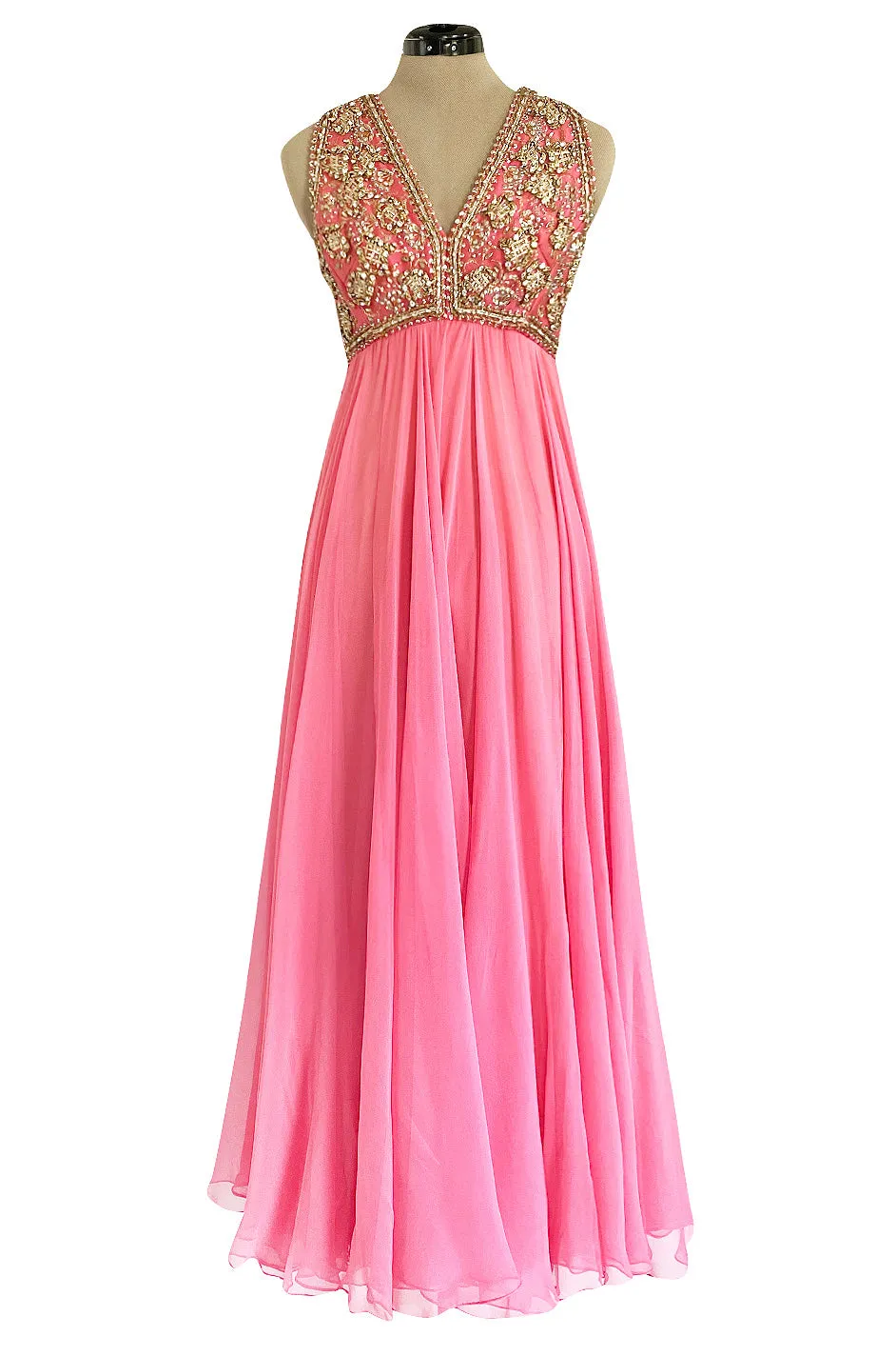 1960s Pat Sandler Pink Silk Chiffon Dress w Rhinestone & Gold Metal Cord Bodice Detailing