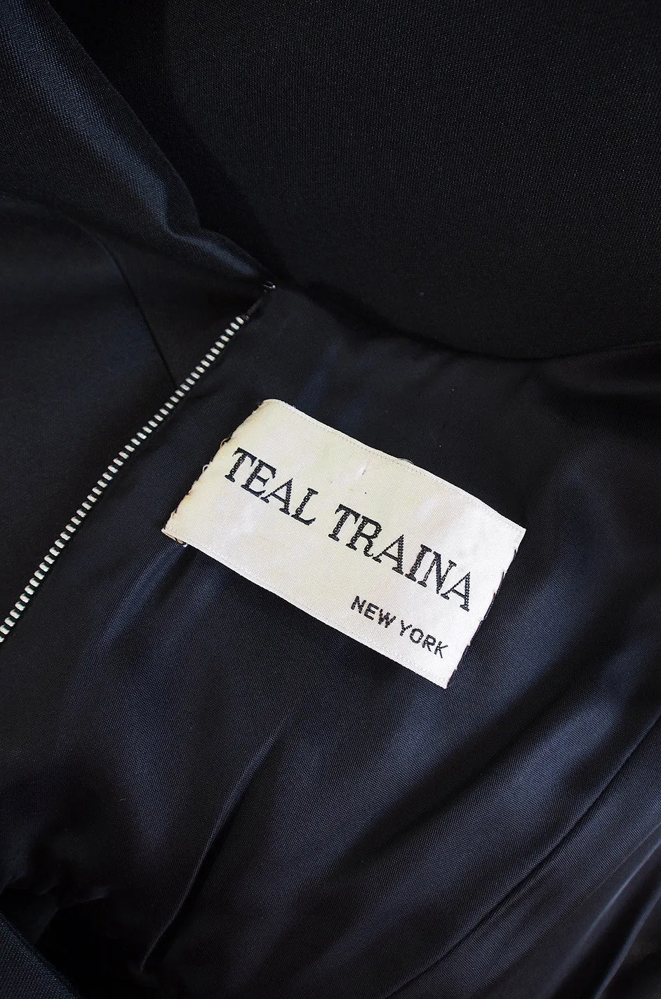 1960s Sculptural Black Silk Teal Traina "Tuxedo" Dress