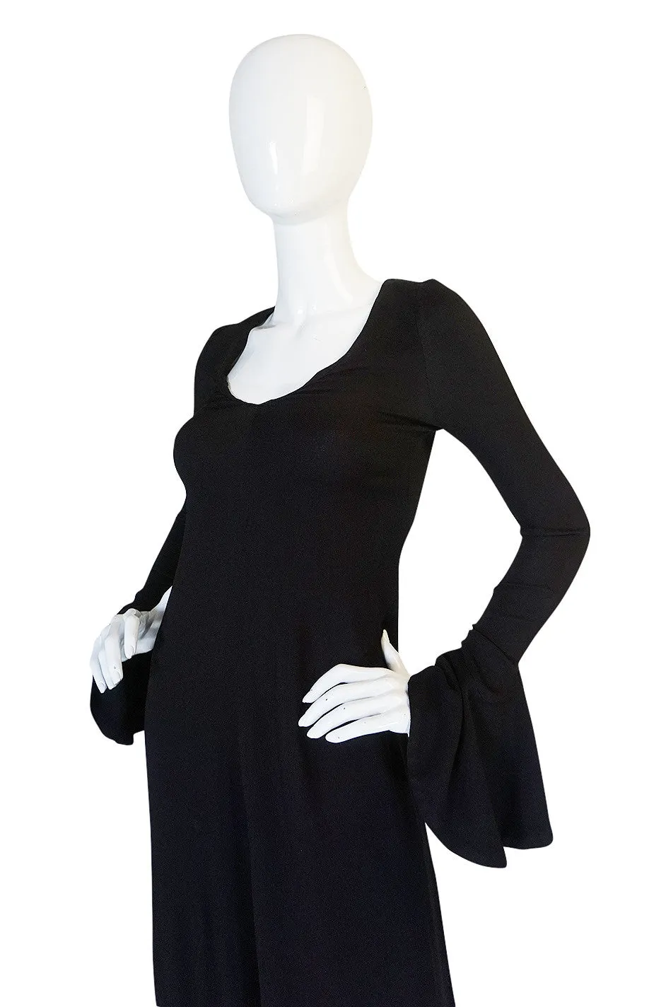 1970s Biba Ruffled Cuffs Black Moss Crepe Dress