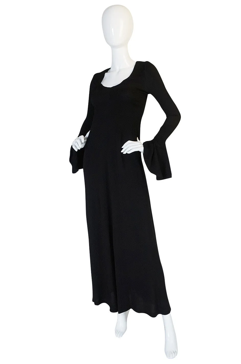 1970s Biba Ruffled Cuffs Black Moss Crepe Dress