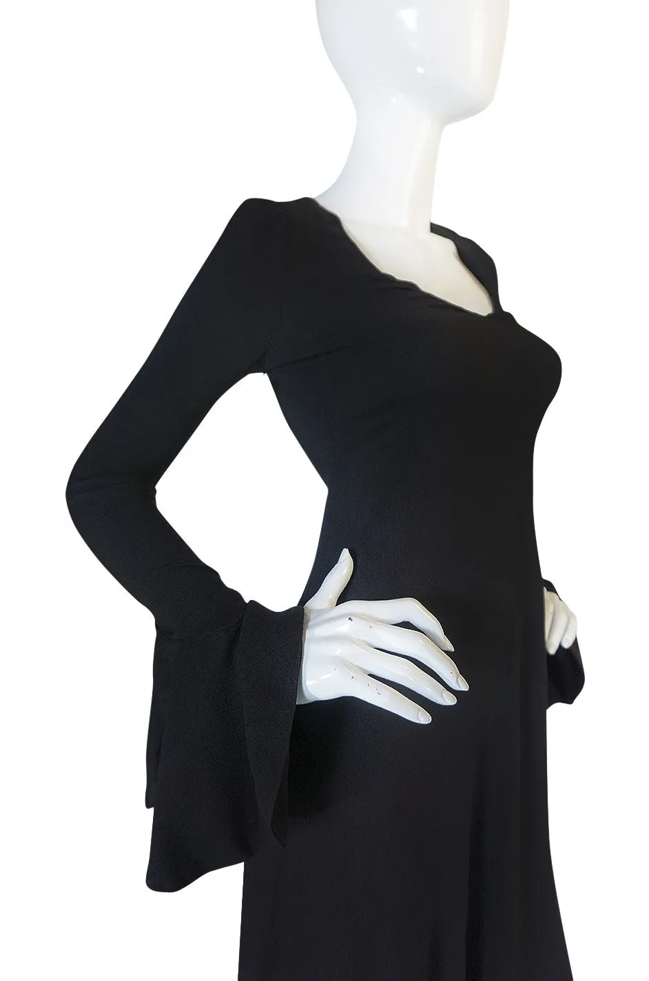 1970s Biba Ruffled Cuffs Black Moss Crepe Dress