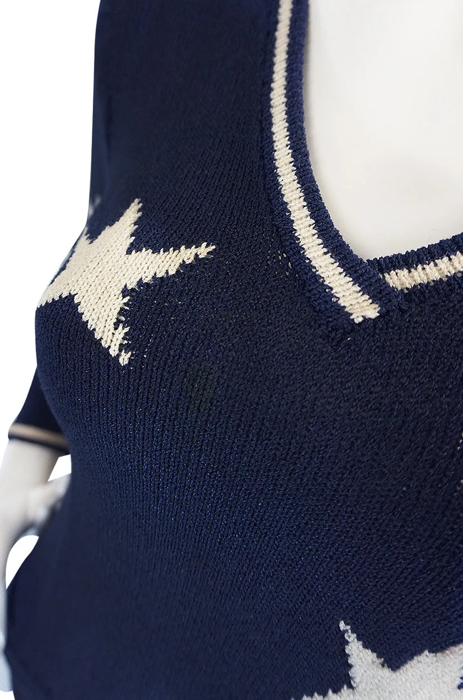 1970s Deep Navy Blue & White Star Print Adolfo Knit Dress