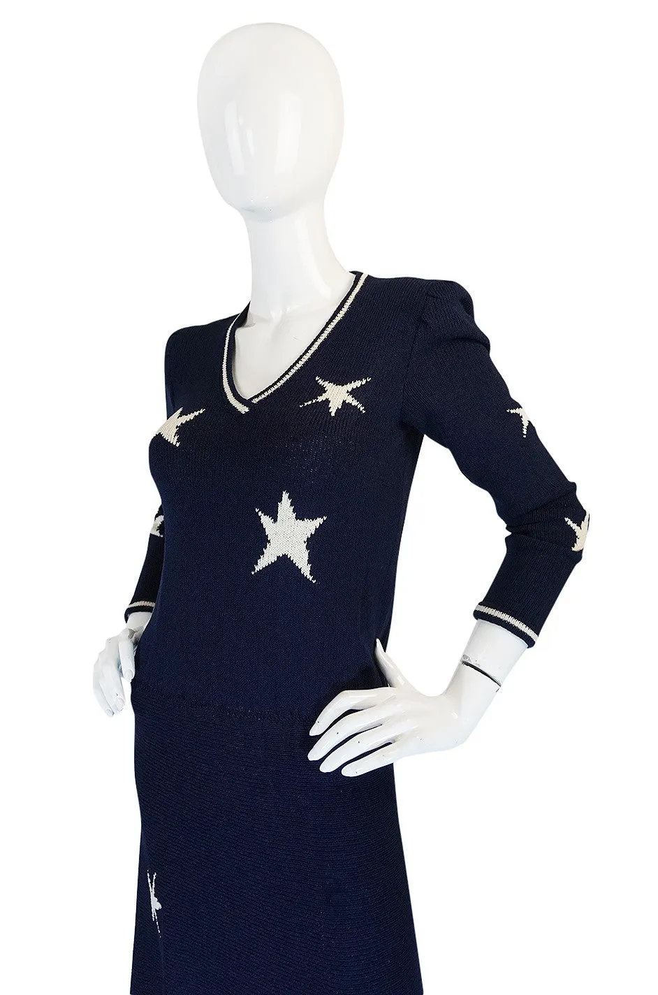 1970s Deep Navy Blue & White Star Print Adolfo Knit Dress