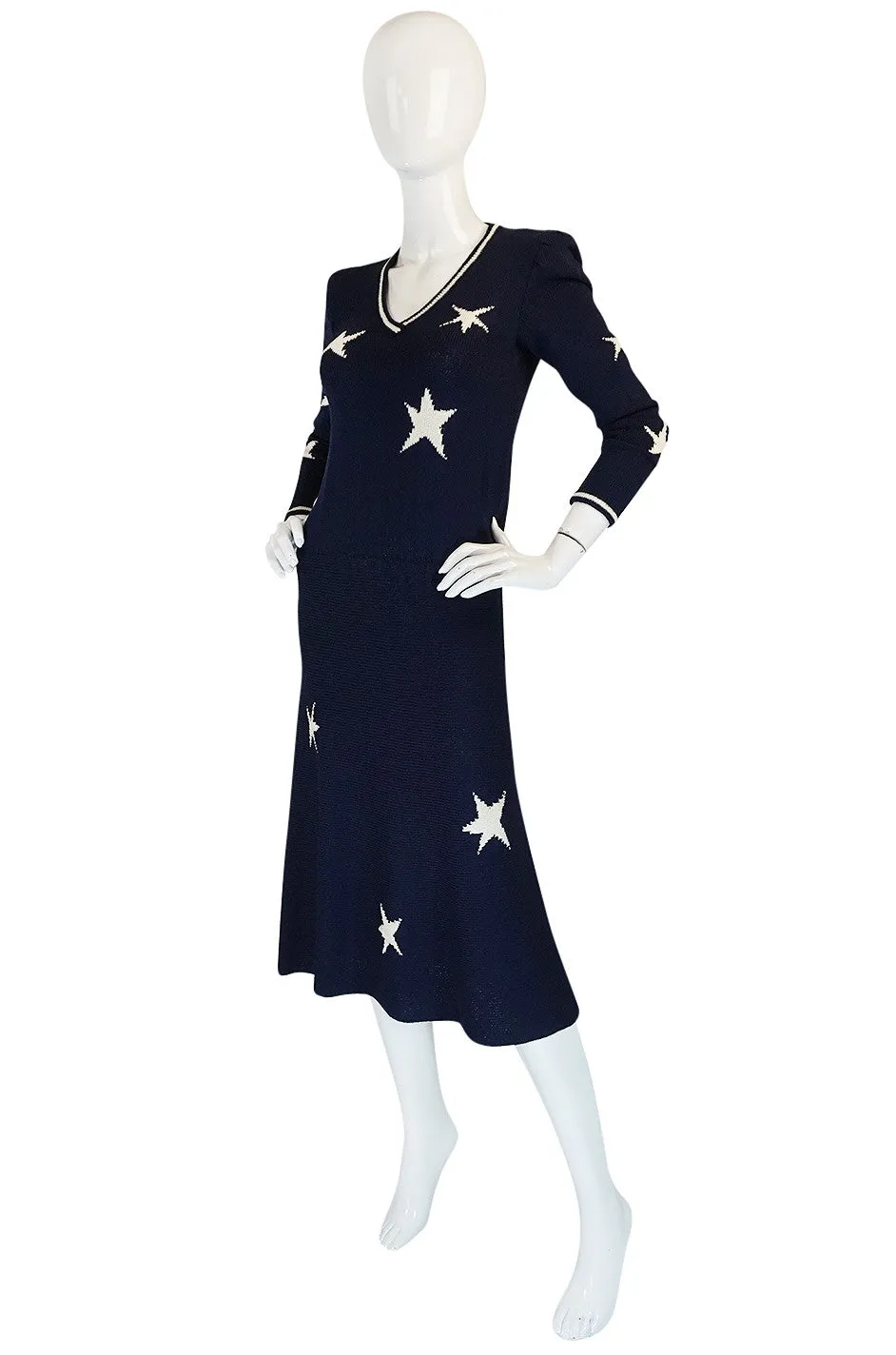 1970s Deep Navy Blue & White Star Print Adolfo Knit Dress