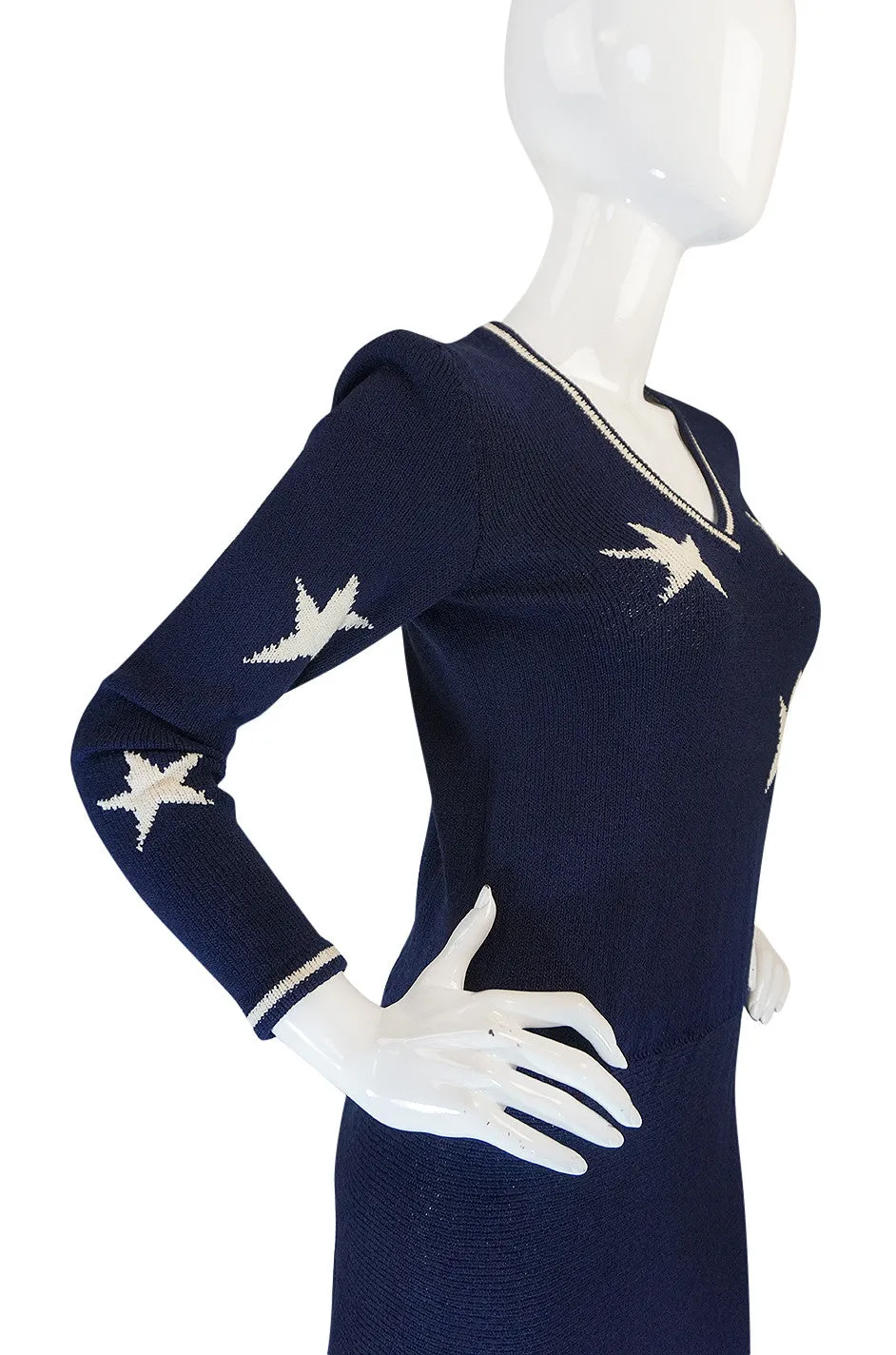 1970s Deep Navy Blue & White Star Print Adolfo Knit Dress