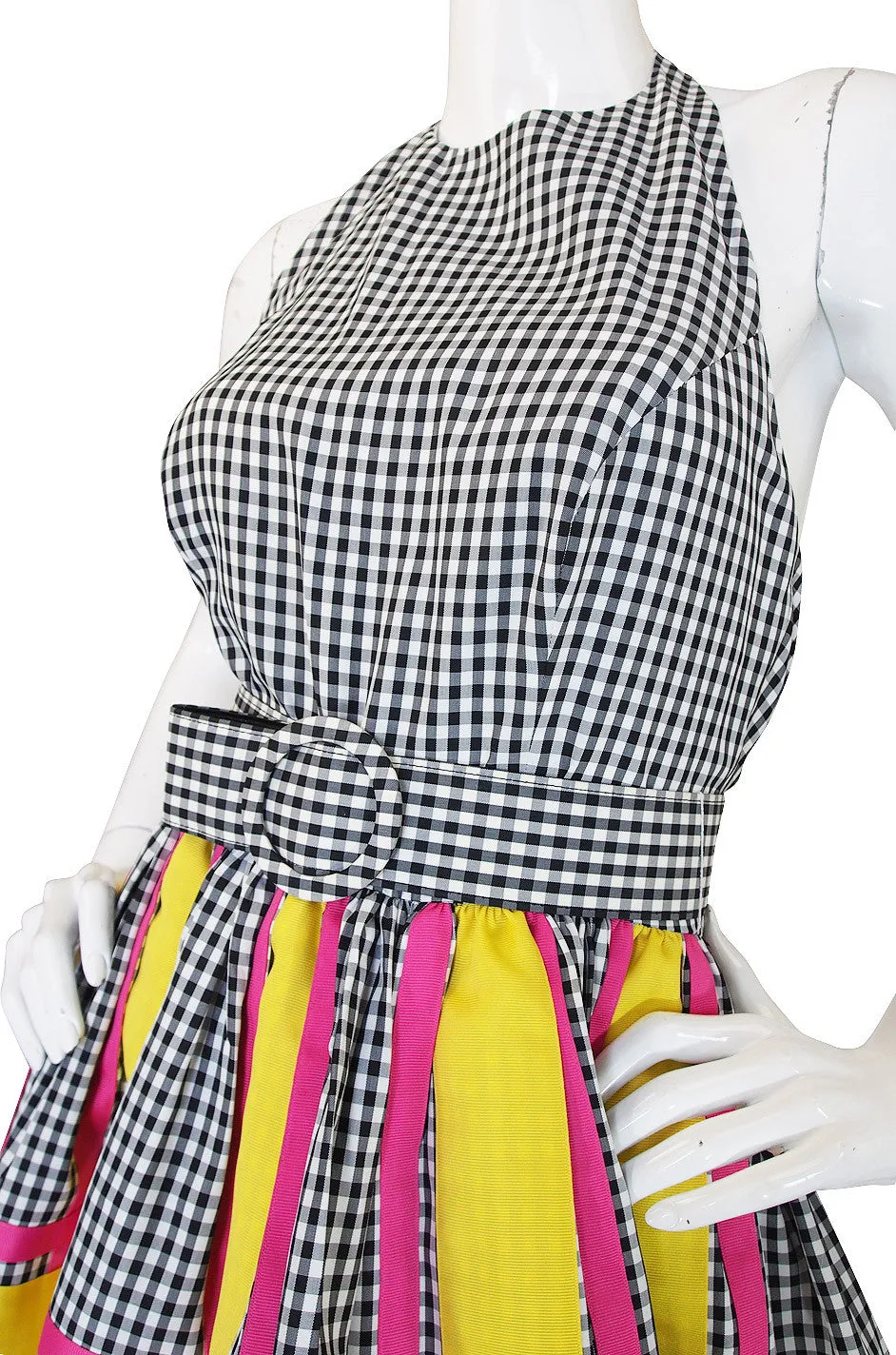 1980s Bill Blass Check & Bright Backless Dress