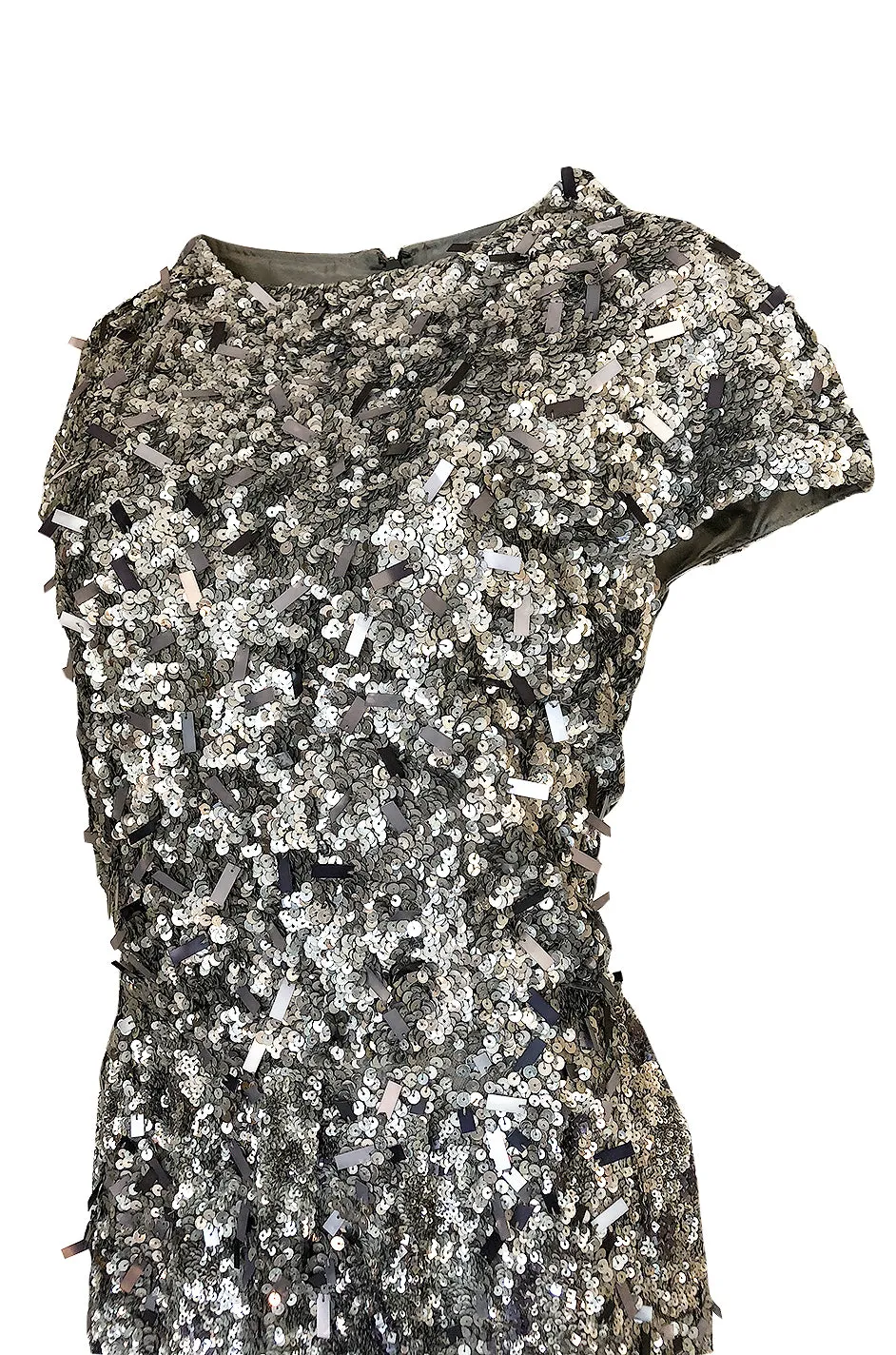 1980s Bill Blass Densely Covered Silver Sequin & Pailettes Dress