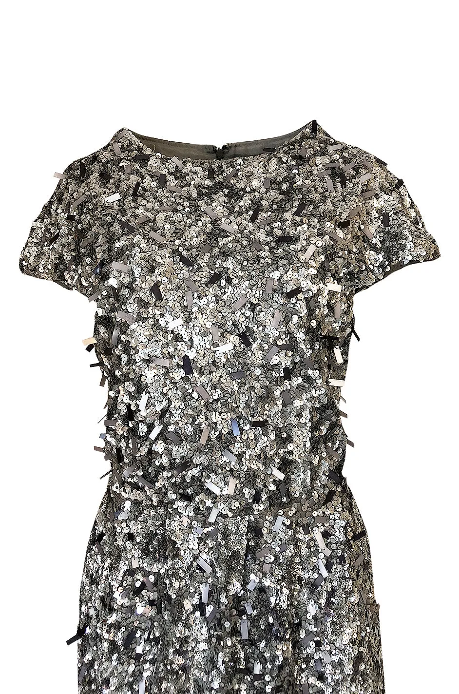 1980s Bill Blass Densely Covered Silver Sequin & Pailettes Dress