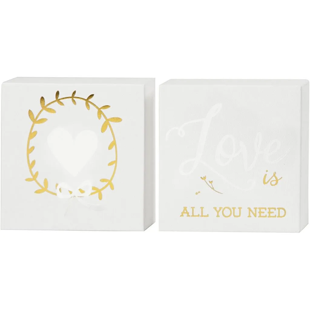 2 x Watercolour White Lacquered Square Canvas With Gold Foil Love Motif To Paint