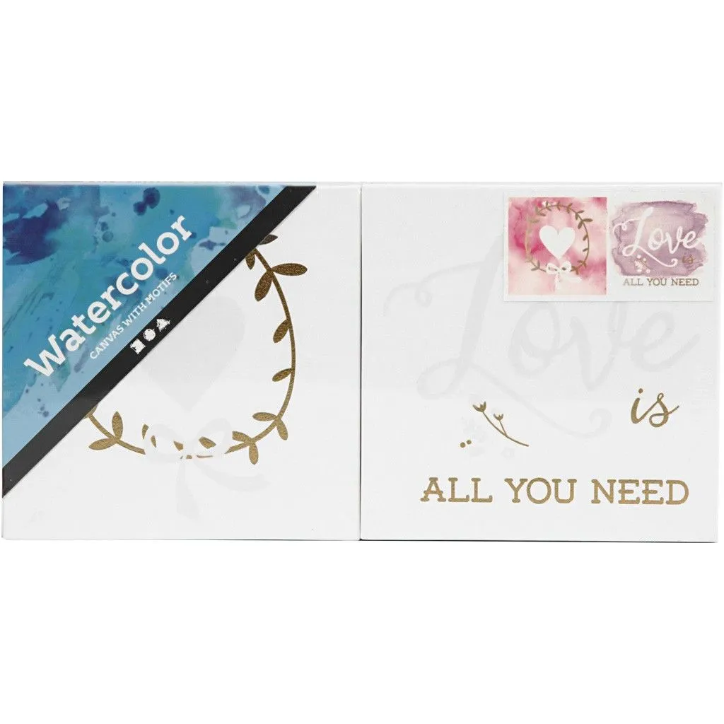 2 x Watercolour White Lacquered Square Canvas With Gold Foil Love Motif To Paint