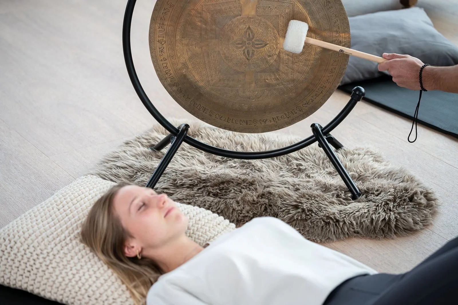 22" Premium Indian Wind Gong with Stand - Hand Engraved Mantras