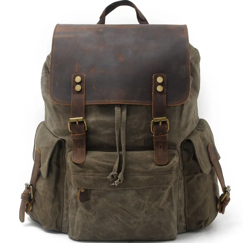 27L Drawstring Waxed Canvas Backpack For Students