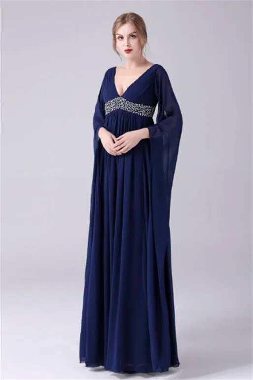 A-Line V-neck Floor Length Long sleeves Backless Sequined mother's dress