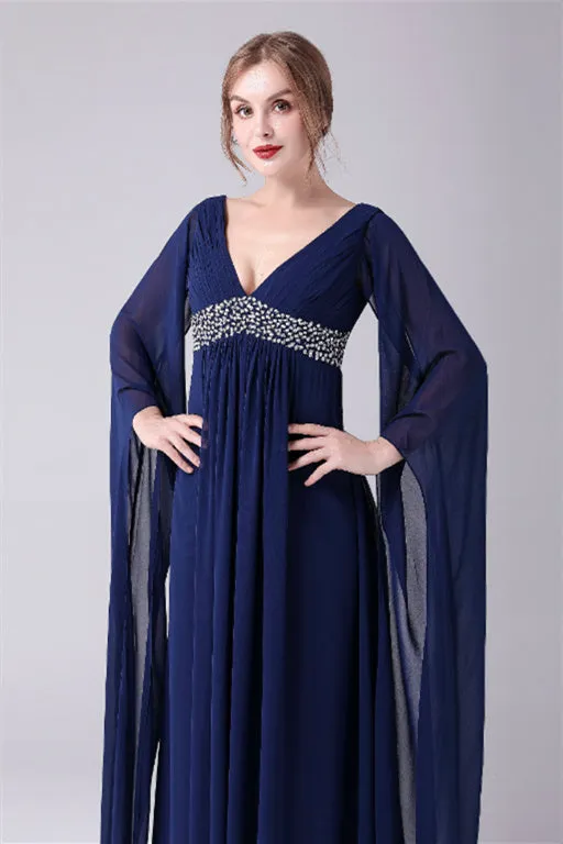 A-Line V-neck Floor Length Long sleeves Backless Sequined mother's dress