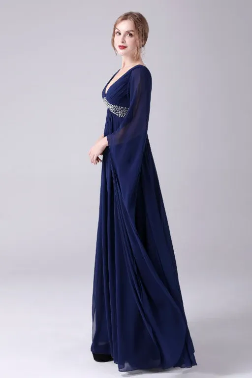 A-Line V-neck Floor Length Long sleeves Backless Sequined mother's dress