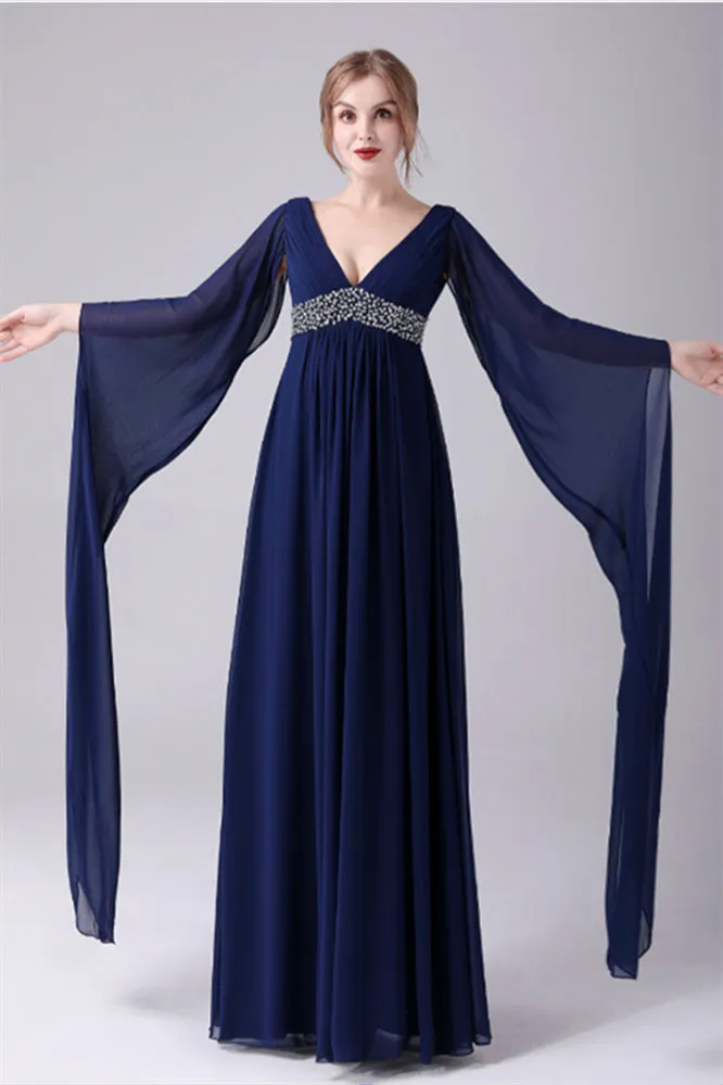 A-Line V-neck Floor Length Long sleeves Backless Sequined mother's dress