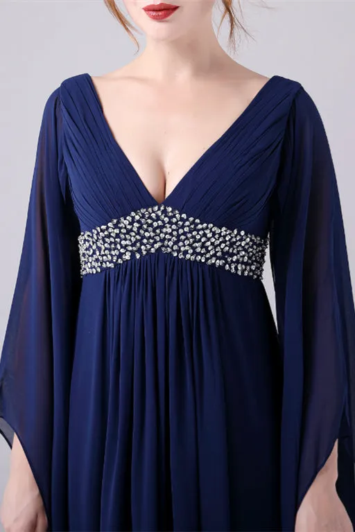 A-Line V-neck Floor Length Long sleeves Backless Sequined mother's dress