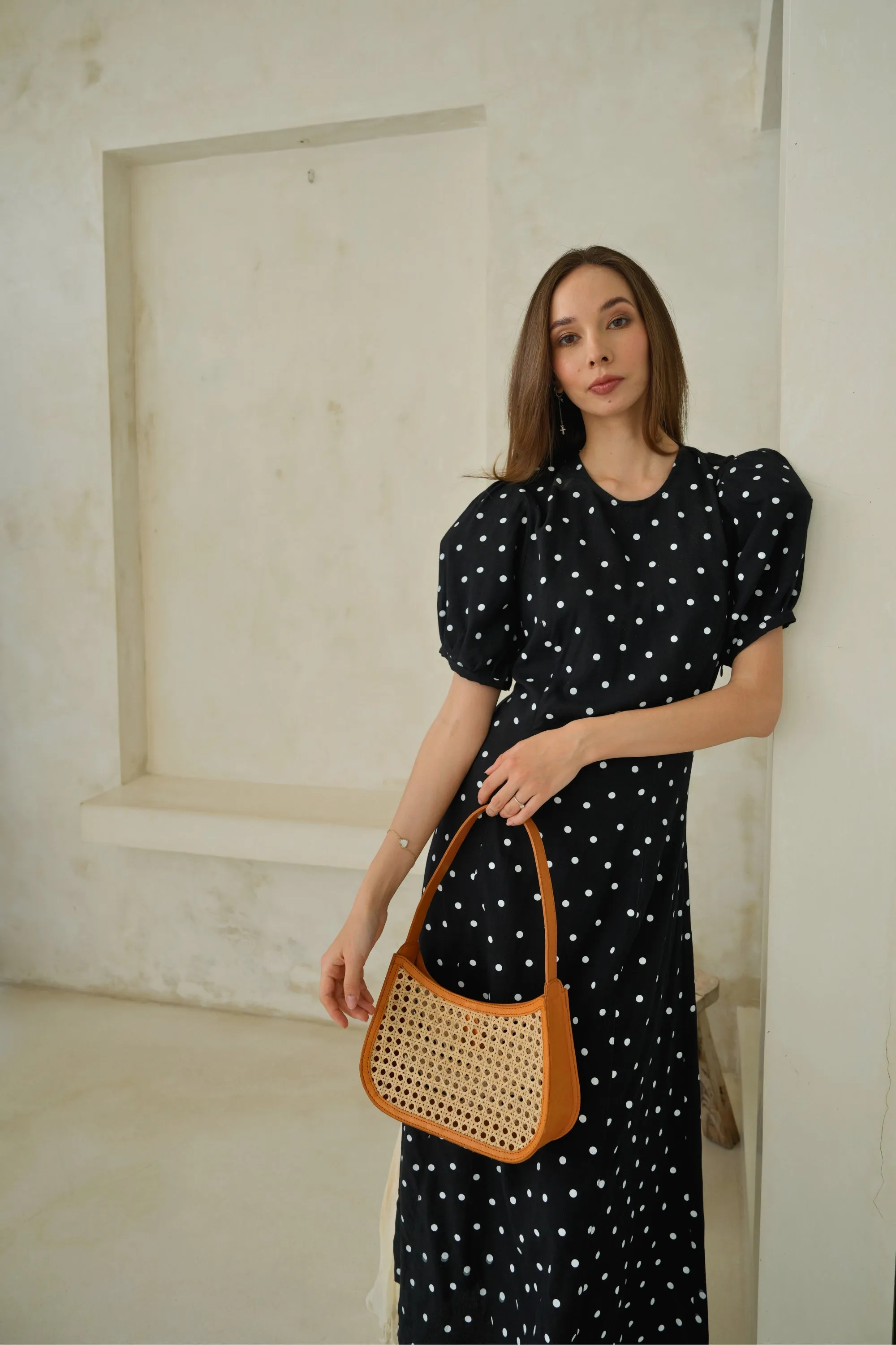 Alma Cane and Leather Mini Tote in Tan