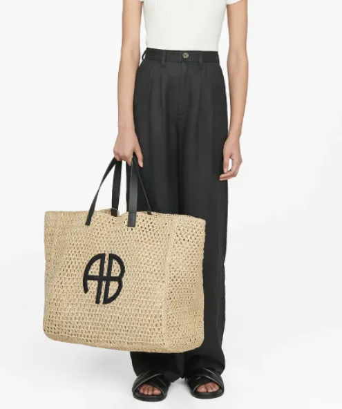 Anine Bing Nude Xl Rio Woven Raffia And Leather Tote Bag One Size