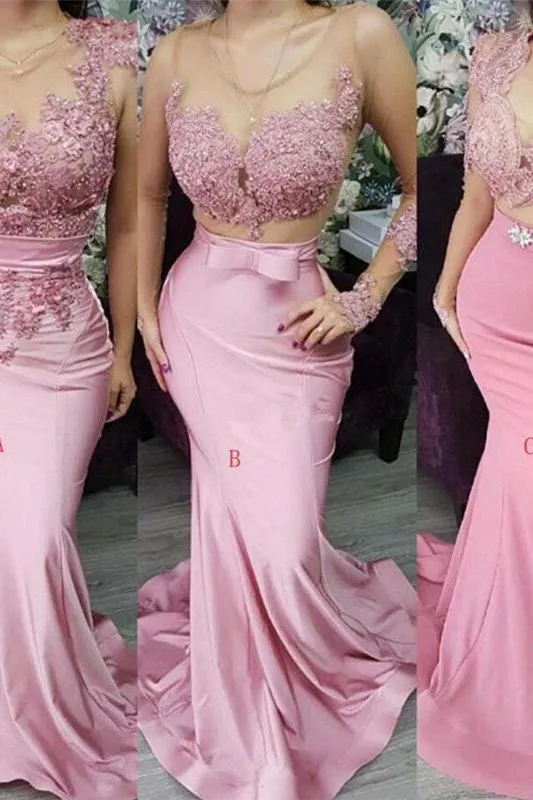 Appliques Lace Mermaid Evening Dresses Pink Formal Dresses