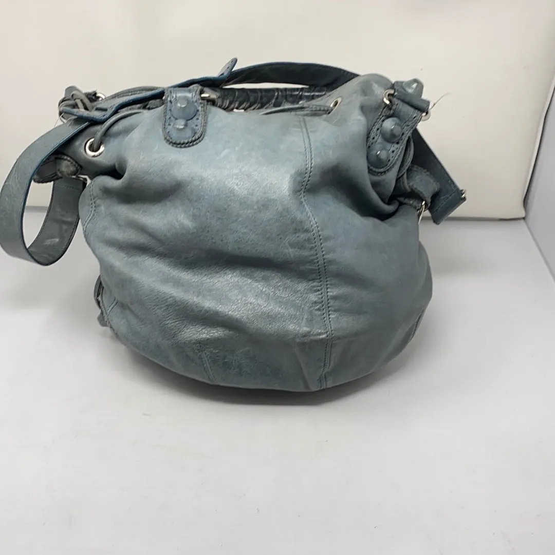 Balenciaga Giant Pompon Motocross Denim Blue Drawstring Tote Bag