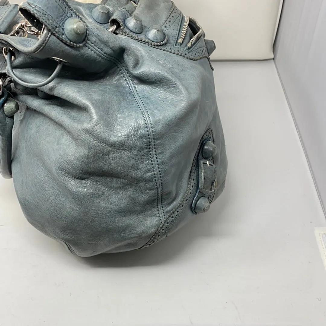 Balenciaga Giant Pompon Motocross Denim Blue Drawstring Tote Bag