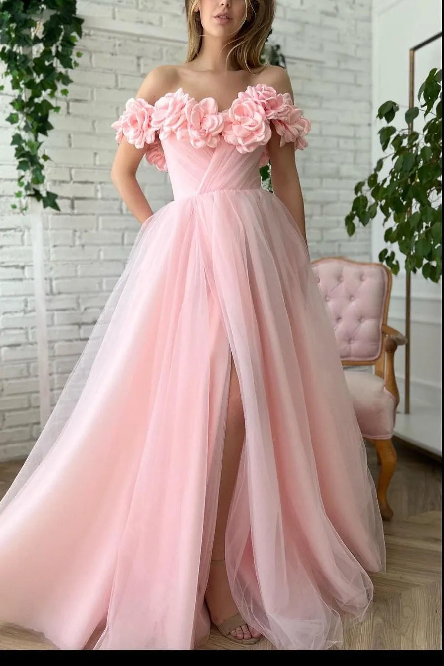 Ball Gown Strapless Asymmetrical Applique Off-the-shoulder Floor-length Prom Dress