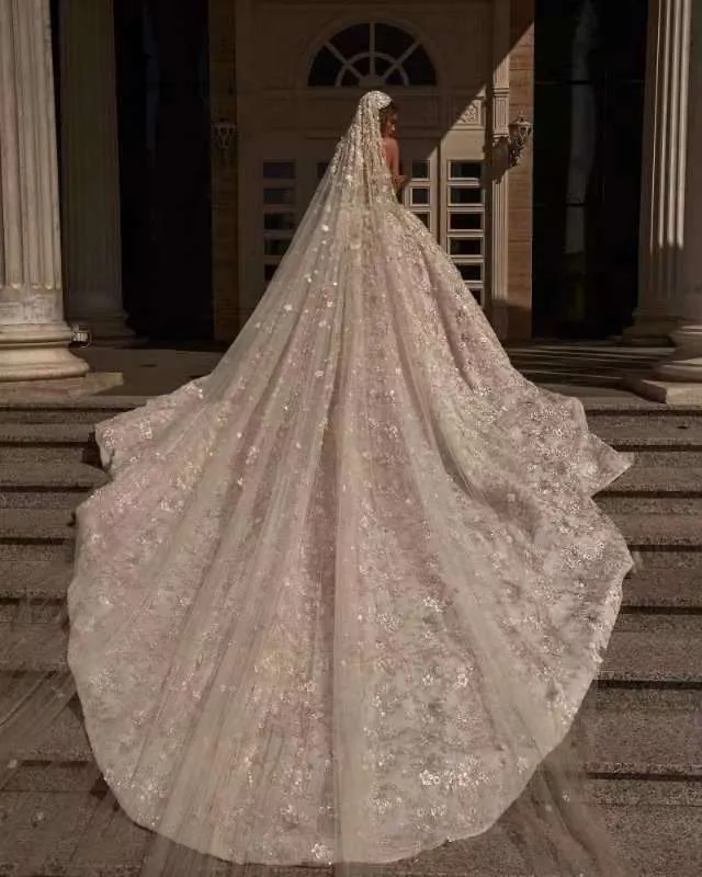 Ball Gown Sweetheart Strapless Sequined Floor-length Sleeveless Appliques Lace Wedding Dress