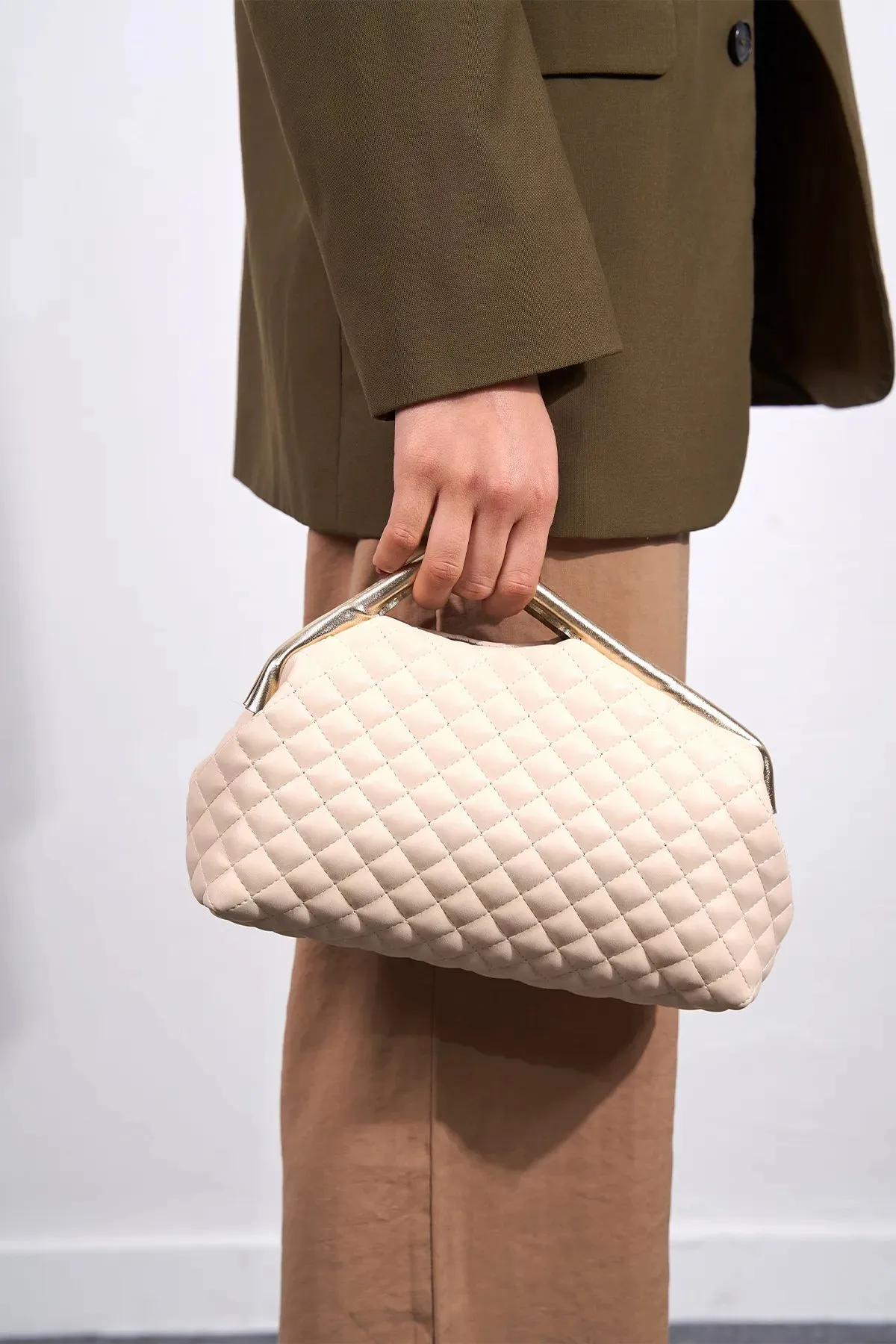 Beige Quilted Clutch Portfolio Handbag