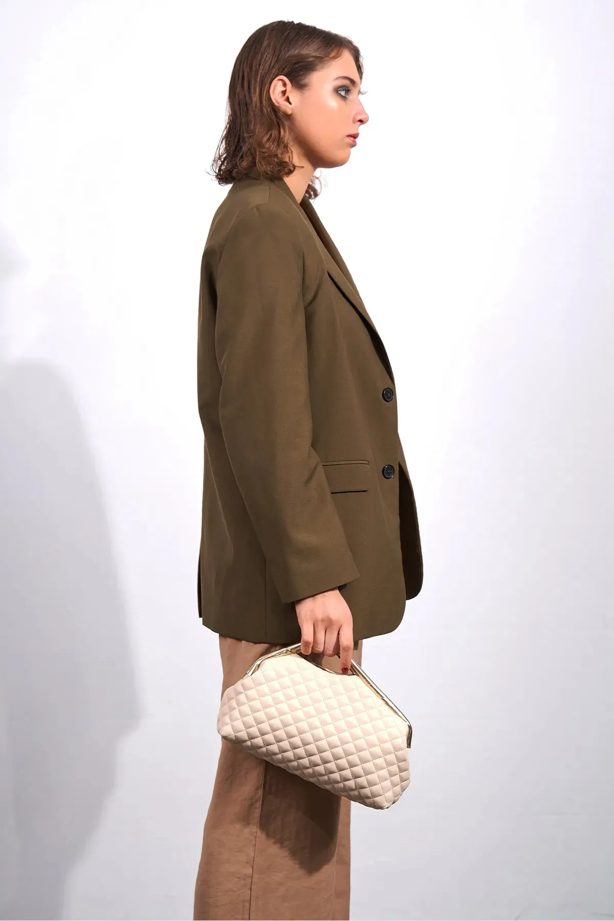 Beige Quilted Clutch Portfolio Handbag