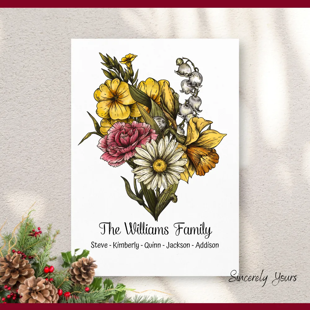 Birth Flower Family Bouquet Deluxe Canvas, Birth Month Flower Art Personalized Canvas
