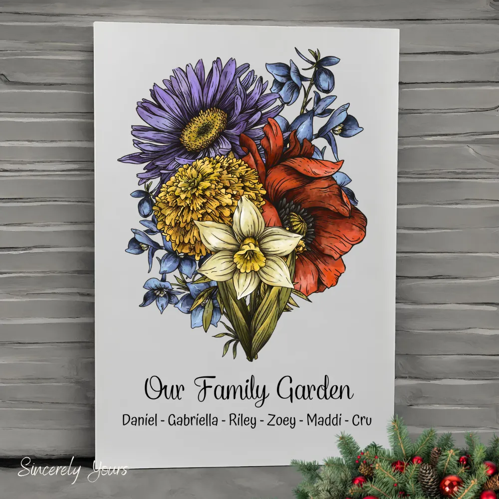 Birth Flower Family Bouquet Deluxe Canvas, Birth Month Flower Art Personalized Canvas