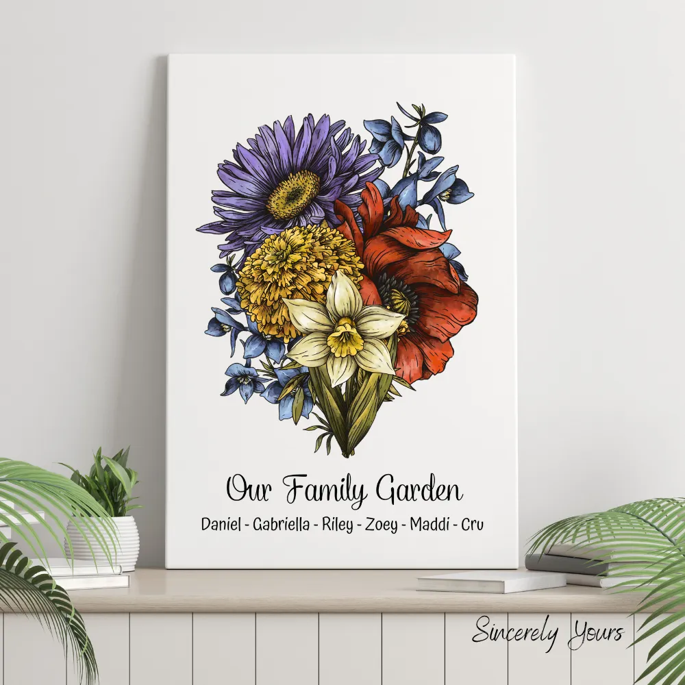 Birth Flower Family Bouquet Deluxe Canvas, Birth Month Flower Art Personalized Canvas