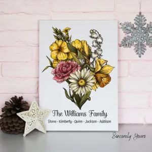Birth Flower Family Bouquet Deluxe Canvas, Birth Month Flower Art Personalized Canvas