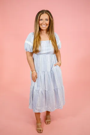 Blue Gingham Embroidered Midi Dress