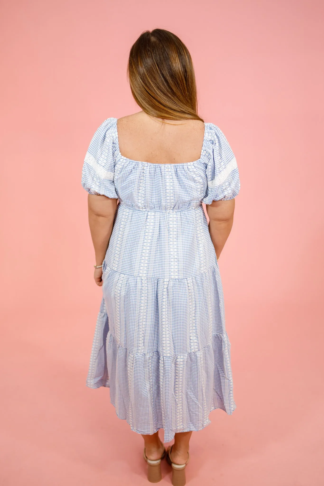 Blue Gingham Embroidered Midi Dress