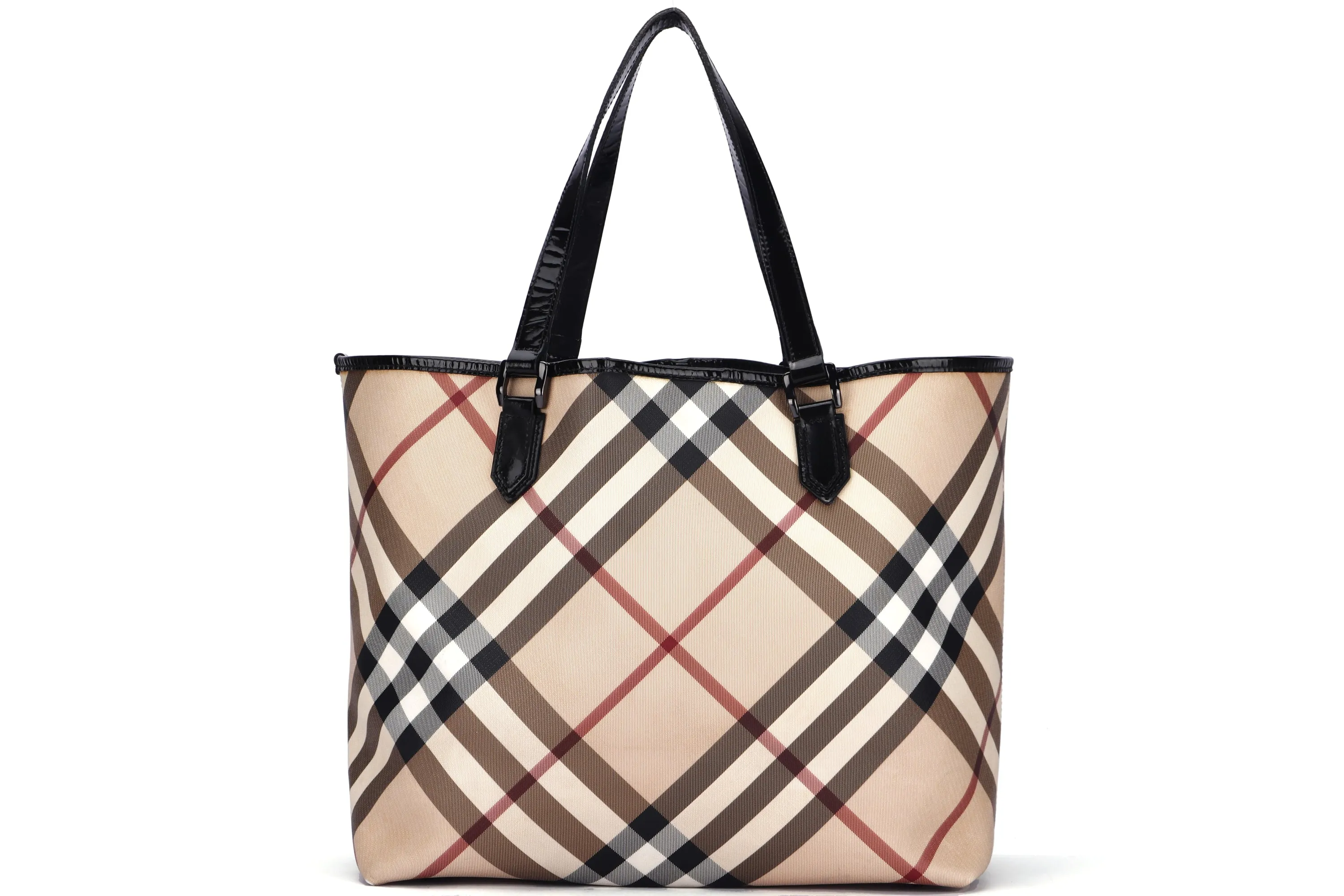 BURBERRY BLACK PATENT NOVA CHECK TOTE, NO DUST COVER & BOX