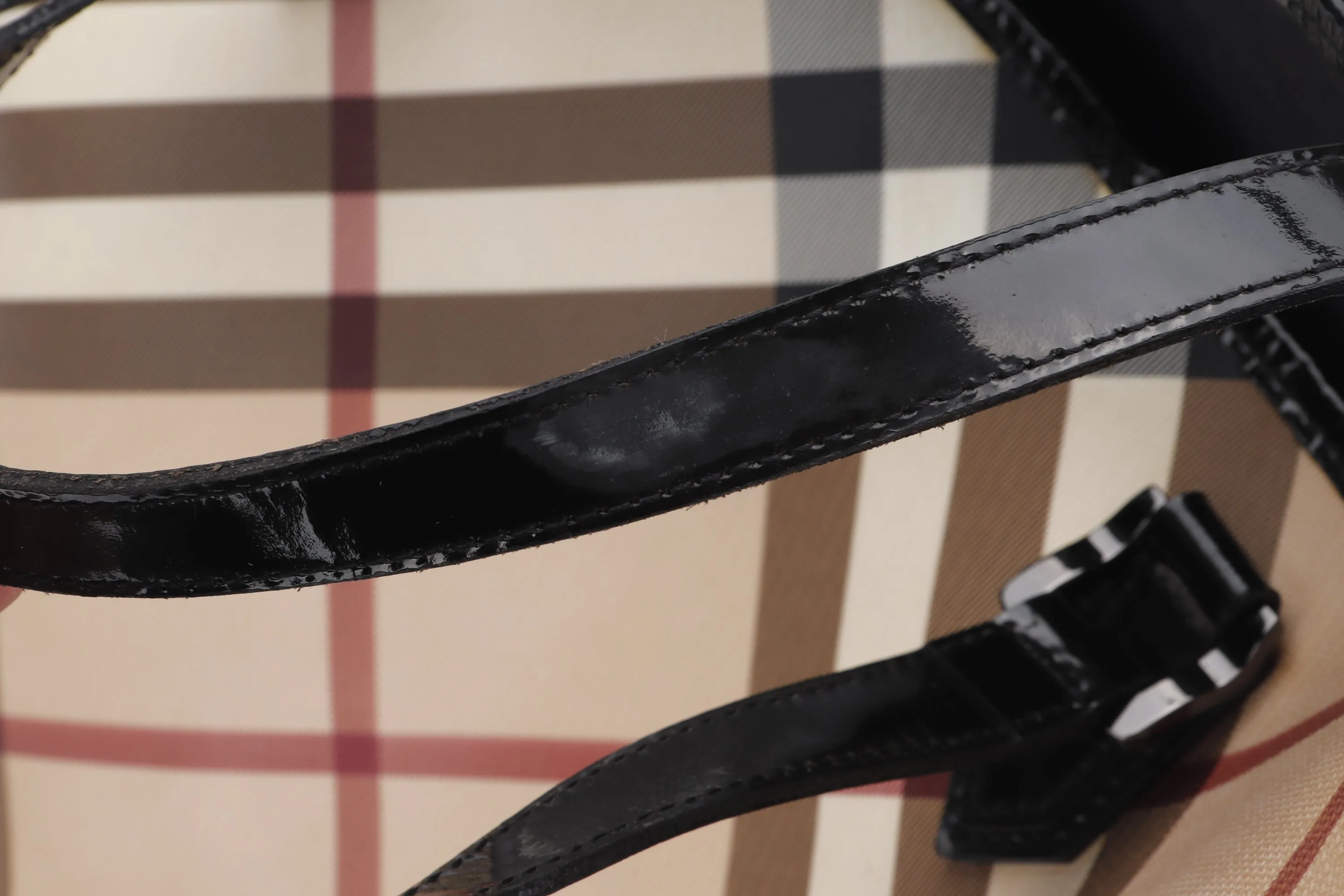 BURBERRY BLACK PATENT NOVA CHECK TOTE, NO DUST COVER & BOX
