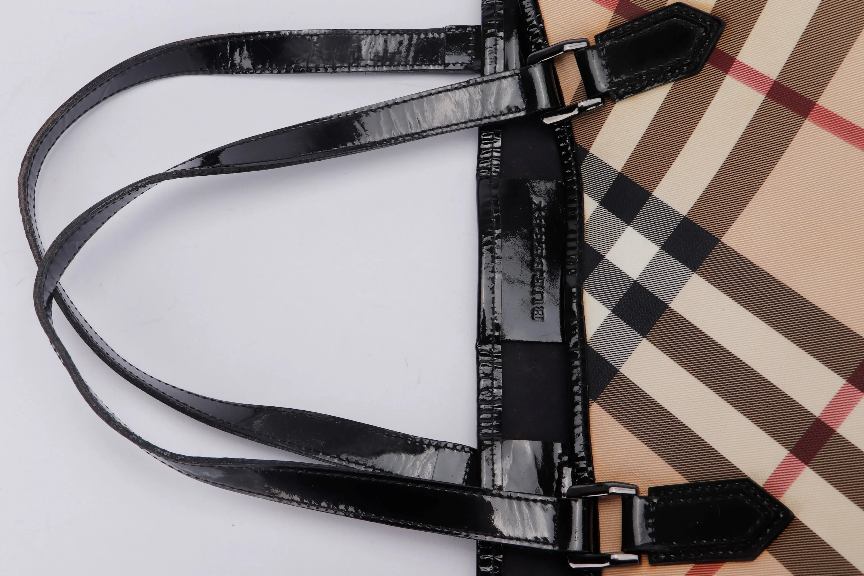 BURBERRY BLACK PATENT NOVA CHECK TOTE, NO DUST COVER & BOX