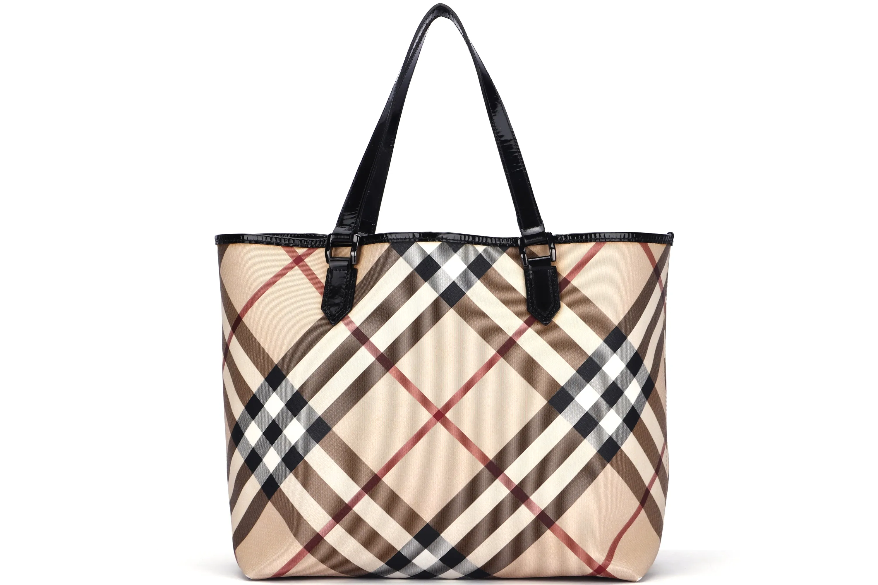 BURBERRY BLACK PATENT NOVA CHECK TOTE, NO DUST COVER & BOX